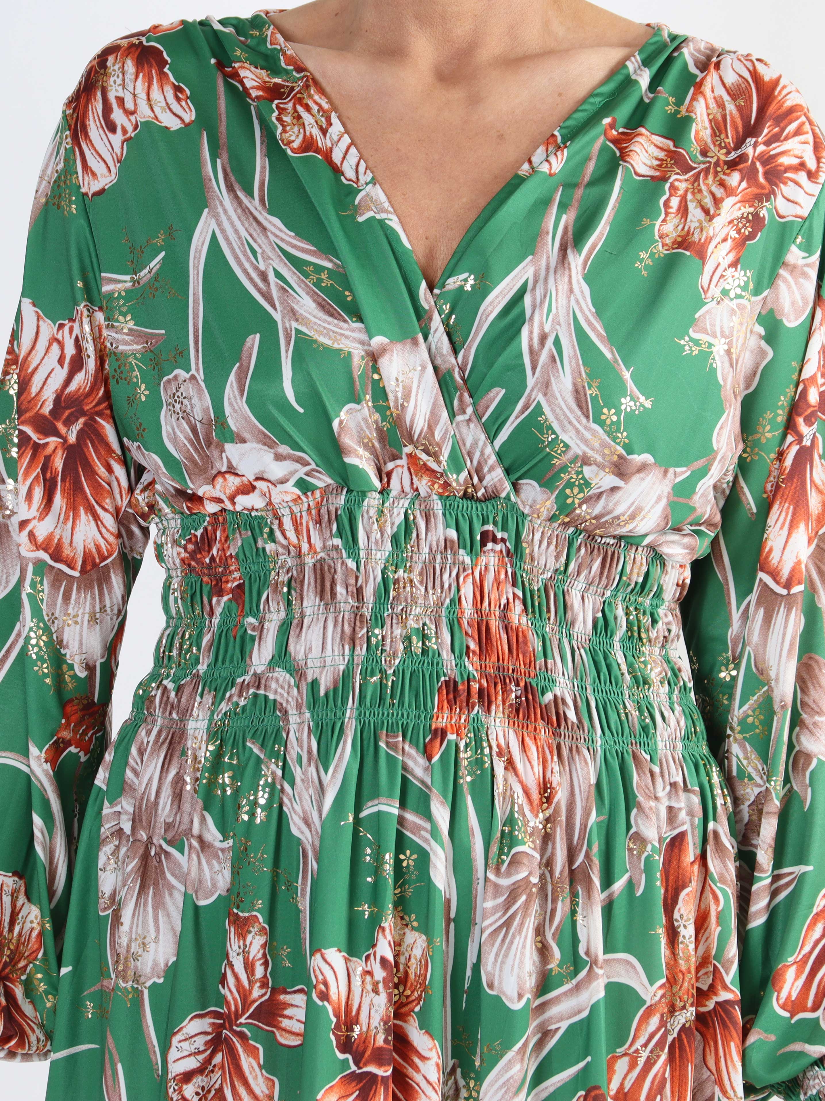 Pams Flower Short L/S - Elastisk mønstret plus size kjole i krølfrit stof